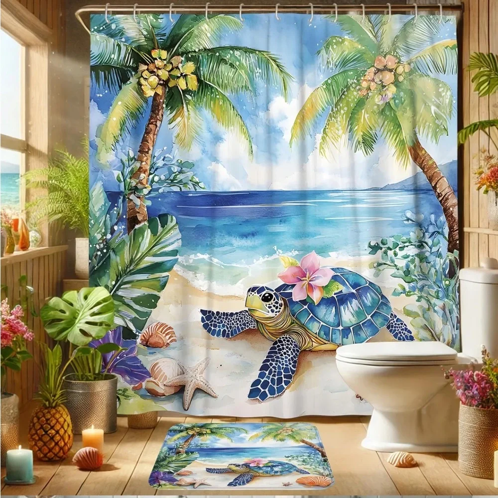 Tropical Beach Turtle Shower Curtain Complete Bathroom 4-pc Set
